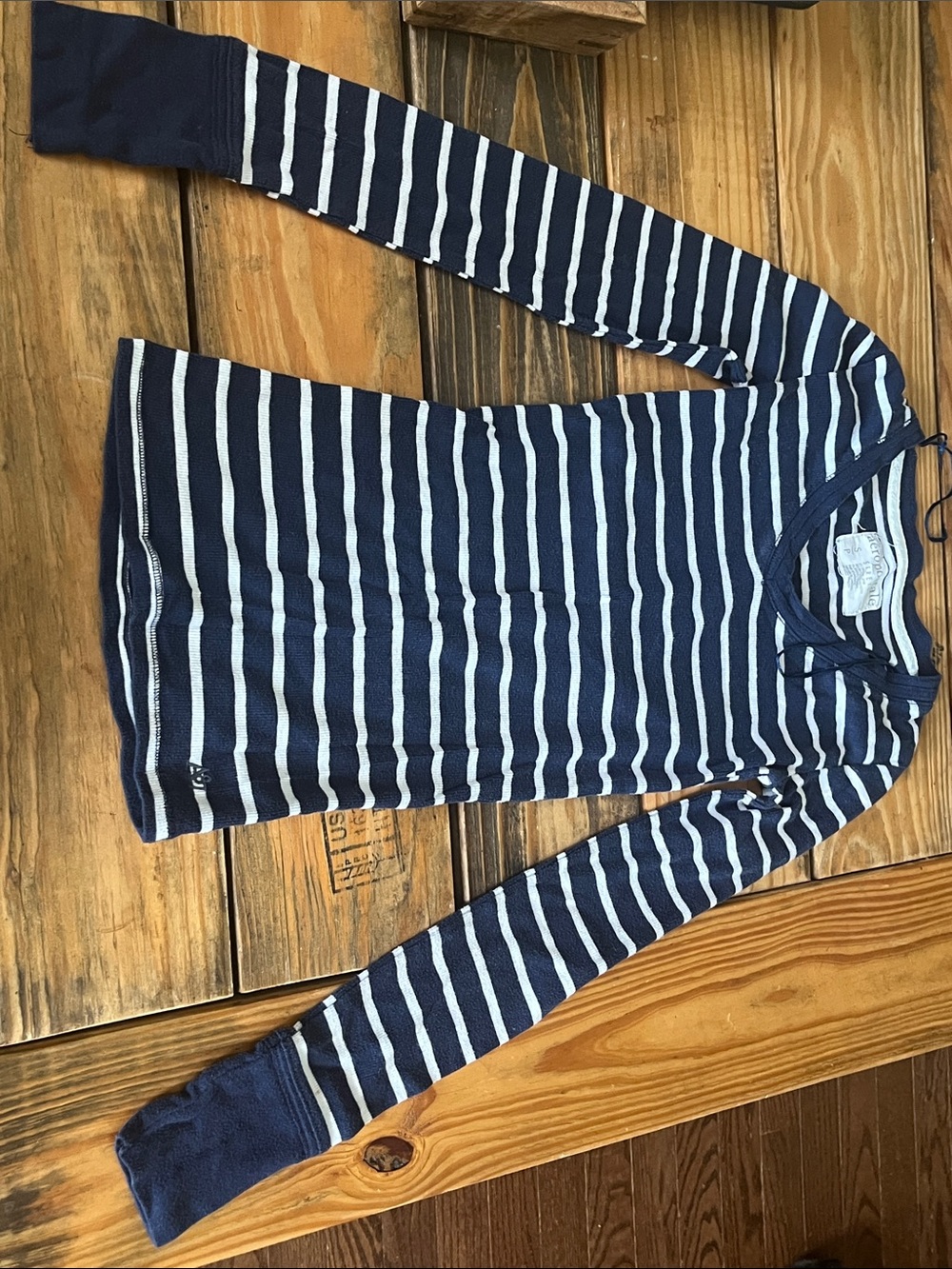 Aeropostale Navy and White V-Neck Striped Top